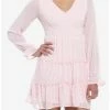 Deals ✨ Pink Swiss Dot Tiered Long-Sleeve Peasant 👗 Dress ⭐