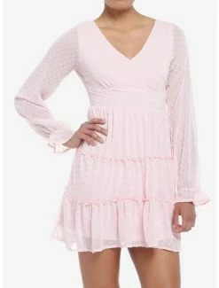 Deals ✨ Pink Swiss Dot Tiered Long-Sleeve Peasant 👗 Dress ⭐