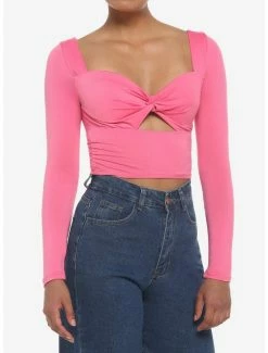 New 🛒 Hot Pink Cutout 👧 Girls Crop Long-Sleeve Top 🎁