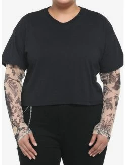 Coupon ✔️ Tattoo Mesh Twofer 👧 Girls Crop Long-Sleeve T-Shirt Plus Size 🎁