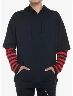 New 🎁 Red & Black Stripe Long-Sleeve Twofer Hoodie ❤️