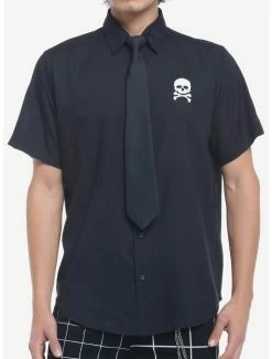 Cheap 🎉 Skull & Black Tie Woven Button-Up ✔️