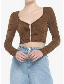 Budget 🤩 Chocolate Brown Ruched Crop 👧 Girls Long-Sleeve Top 🤩